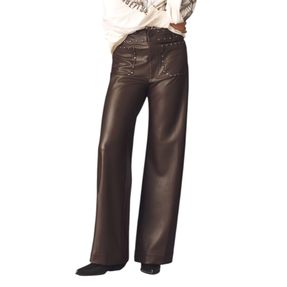 NWT Maeve Anthropologie Colette Chocolate Studded Faux Leather Wide Leg Pants 29